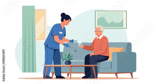 Nurse giving medication to elderly man at home, healthcare assistance, senior care concept