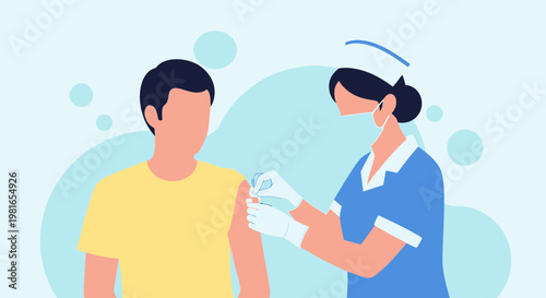 Nurse giving vaccination injection to a man in yellow t-shirt, healthcare concept