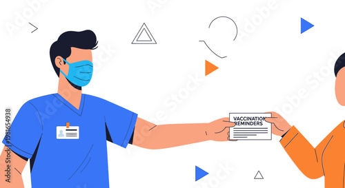 Nurse giving vaccination reminder card to patient, healthcare concept