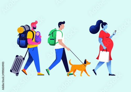 Diverse People Walking Illustration: Father with Baby and Luggage, Man Walking Dog, and Pregnant Woman with Smartphone - Modern Lifestyle and Travel Concept