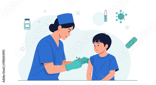 Nurse giving vaccination to a child, healthcare concept, medical illustration