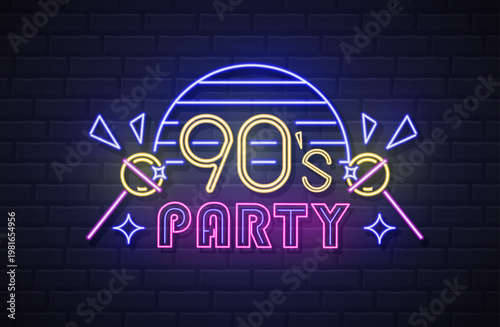 Retro Neon sign  90`s party with fluorescent lollipops, sun and triangles. Vintage electric signboard. Vector illustration
