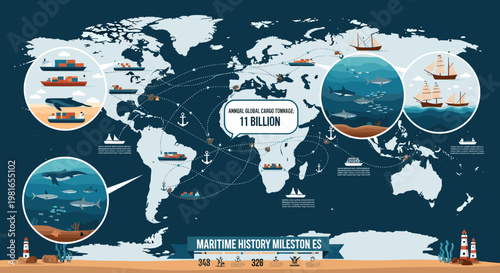 Global Maritime History Milestones: A Visual Exploration of Ocean Trade Routes, Marine Life, and Historical Vessels.