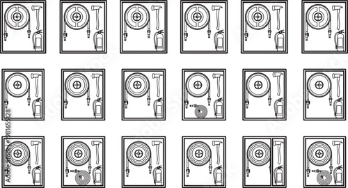 A schematic representation of various fire hydrants arranged in a grid-like pattern, each one presenting a different component.