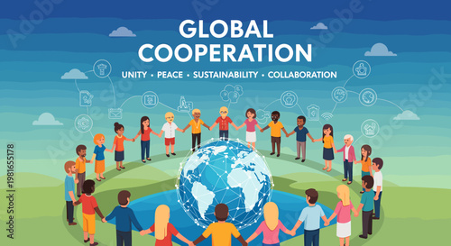 Diverse group of people from around the world holding hands in a circle around a globe, symbolizing global cooperation, unity, peace, sustainability, and collaboration.
