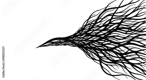 Bird silhouette composed of intricate flowing branch patterns symbolizes the fluid connection between organic nature and artistic expression within a modern graphic design composition.