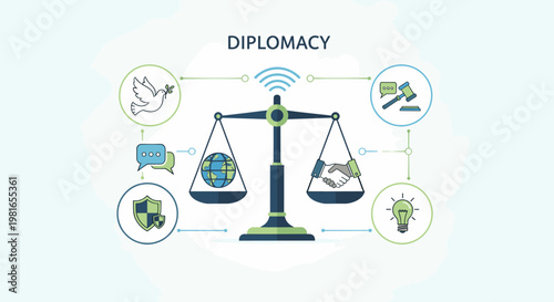 Conceptual illustration of diplomacy balancing global relations, communication, peace, justice, security, and innovative solutions.