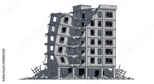 Dilapidated and Collapsing Building with Exposed Interior and Debris.