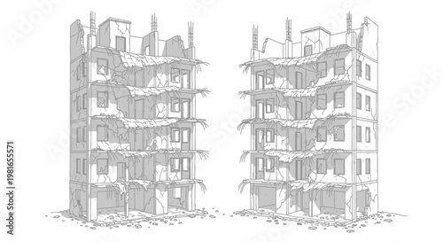 Two dilapidated buildings stand as a testament to destruction and urban decay.