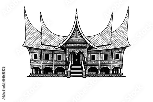 Fotografie Traditional Indonesian Minangkabau House Engraving Illustration.