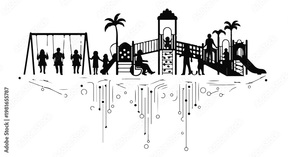 Obraz premium Playground silhouette featuring children playing on swings and slides set against a solid white background for use in educational marketing materials or community focused social media banners.