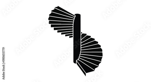 Spiral staircase rendered in a minimalist black and white graphic style represents architectural elevation and modern interior design concepts featuring clean lines and geometric precision.