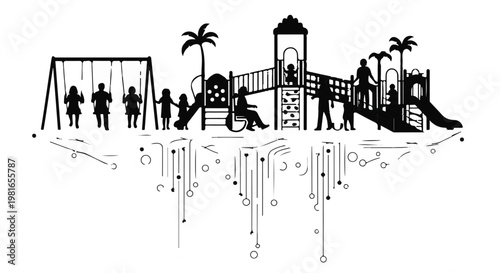Playground equipment silhouettes illustrate an inclusive community park space where diverse families gather together to enjoy active outdoor recreation and leisure activities during the day.