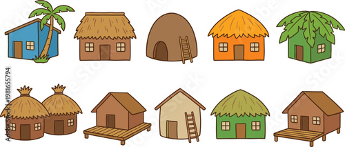 Tropical Hut and Cottage Illustration Set Featuring Thatched Roofs, Wooden Huts, and Palm Trees for Rustic and Island-Themed Designs