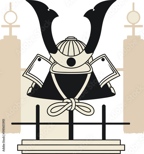 Minimalist illustration of a traditional Japanese samurai kabuto helmet displayed on a stand with decorative elements.