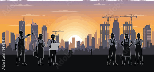 Professional architects and construction workers stand silhouetted against a vibrant sunset and evolving city skyline featuring active building sites.