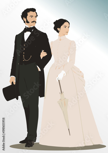 078-34-Victorian man and woman in historical formal attire portraying vintage fashion