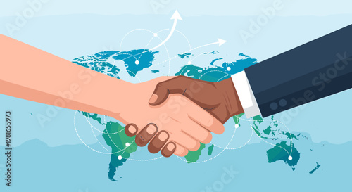 Two hands, one light-skinned and one dark-skinned, shaking in agreement against a backdrop of a stylized world map with connecting lines and arrows, symbolizing global business and partnership.