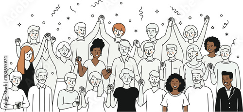 Diverse group of happy people standing together raising their hands to celebrate a successful achievement in a community event