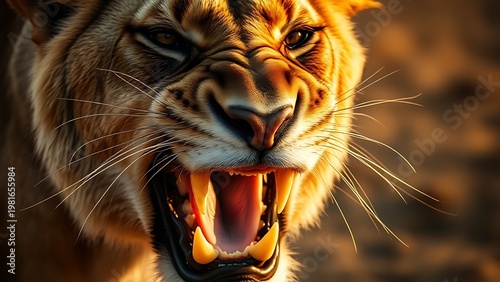 snarling. Close-up of a snarling lioness with golden savanna light emphasizing her powerful presence. wildlife magazines, conservation campaigns, designed for wildlife conservation campaigns.