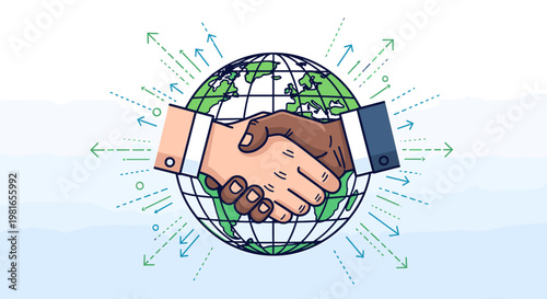 Illustration of two hands, one light-skinned and one dark-skinned, shaking in front of a globe with arrows radiating outwards, symbolizing global cooperation and connection.