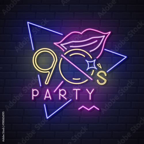 Retro Neon sign  90`s disco party with fluorescent smiling lips, lollipop and geometric elements. Vintage electric signboard. Vector illustration