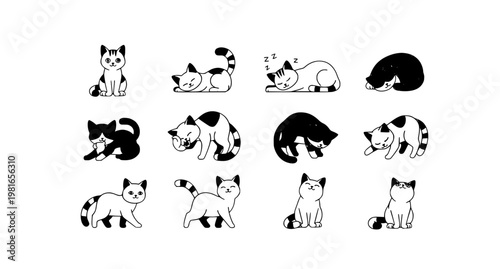 Flat cartoon cat poses vector set with cute kitten actions sitting sleeping jumping playful collection isolated on white