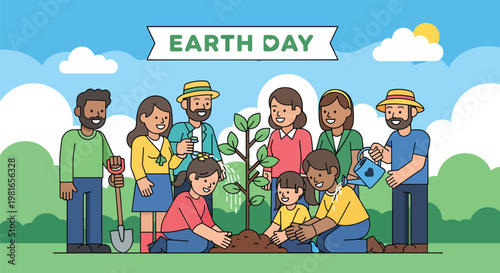 Diverse group of people, including adults and children, planting a tree together on Earth Day, symbolizing environmental care and community effort.