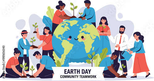 Diverse group of people planting trees and caring for a smiling Earth globe, symbolizing community teamwork for Earth Day.