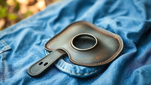 cantle. A solitary saddle cantle resting on worn denim fabric, symbolizing a journey's pause. mobility guides, transit brochures, designed for transport & logistics marketing.