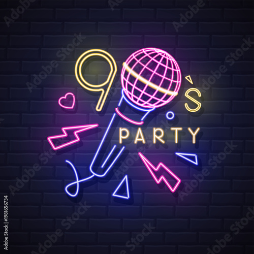 Retro Neon sign 90`s party with fluorescent microphone, lightning and love heart. Vintage electric signboard. Vector illustration