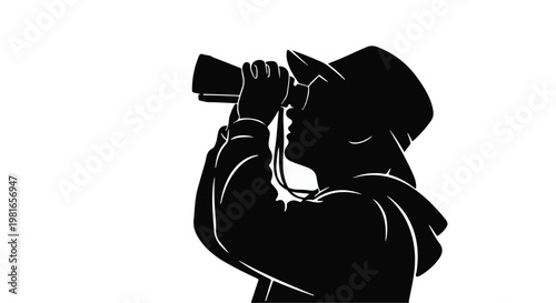 Explorer wearing a hat peers through binoculars to observe distant horizons, symbolizing discovery, scientific research, adventure, and the human drive for curiosity in unknown territories.