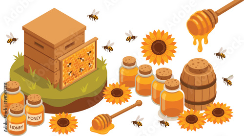 Honey Production Set with Beehive, Honey Jars, Sunflowers, Honeycomb, Bees, and Honey Dipper for Natural Sweetener and Farm Themes