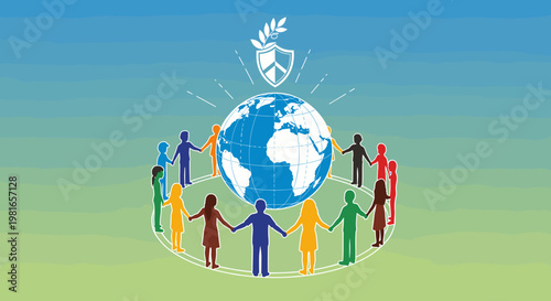 Diverse people holding hands in a circle around a glowing globe with a peace shield, symbolizing global unity and harmony.