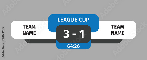 Live football scoreboard template 3-1 with timer, league cup broadcast overlay design. Modern sports graphic with clean layout, team name placeholders, editable UI for soccer media and presentation
