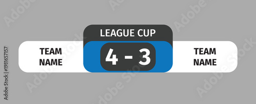 Football scoreboard template showing 4-3 result, league cup match overlay design. Modern sports broadcast graphic with team names, clean layout, editable UI for soccer presentation and media
