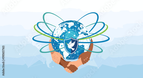 Global unity and peace concept with diverse hands shaking, a protected Earth, and interconnected networks.