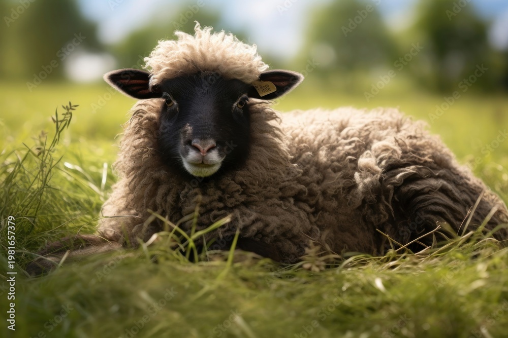 Fototapeta premium Young Shetland sheep lying livestock animal mammal.