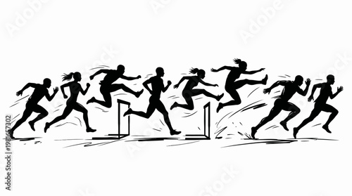 Hurdle Race Silhouette: Dynamic silhouettes of athletes gracefully navigate hurdles in a track and field competition, capturing the essence of agility, speed, and competitive spirit.