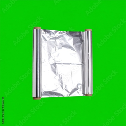 A shiny, crumpled foil packet on a green background