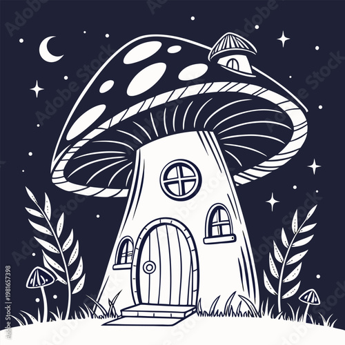silhouette of a giant mushroom house with a little (2)