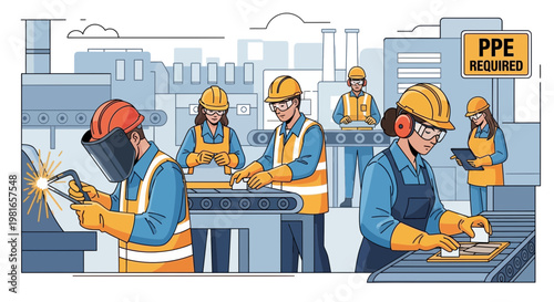 Factory workers in safety gear manufacturing, welding and assembly line, industrial production