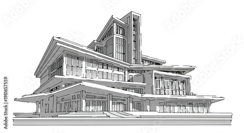 Building sketch captures the architectural elegance of a modern office complex, emphasizing structural integrity and professional design for use in commercial real estate and construction marketing.