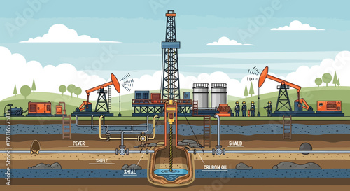 Oil Drilling Rig and Pumpjacks: Underground Extraction Process Illustration