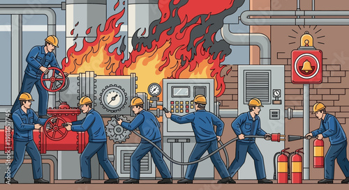 Factory workers battle industrial fire with hoses and extinguishers, emergency alarm activated