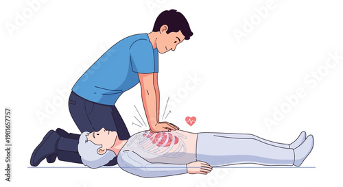 Man performing CPR on unconscious person, emergency medical help, life saving technique