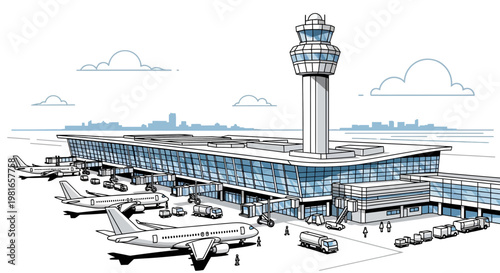 Modern airport terminal with airplanes, control tower, and cityscape skyline sketch