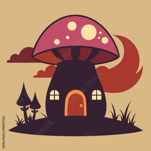 silhouette of a giant mushroom house with a little (1)