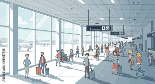 Modern Airport Terminal Interior with Travelers and Airplane View