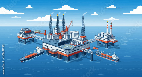 Offshore Oil Rig Platform with Supply Ships in Ocean Under Blue Sky